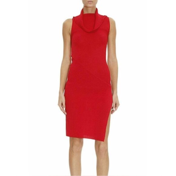 PINKO | Ribbed Cowl-Neck Sleeveless Bodycon Dress Blue - Picture 11 of 13